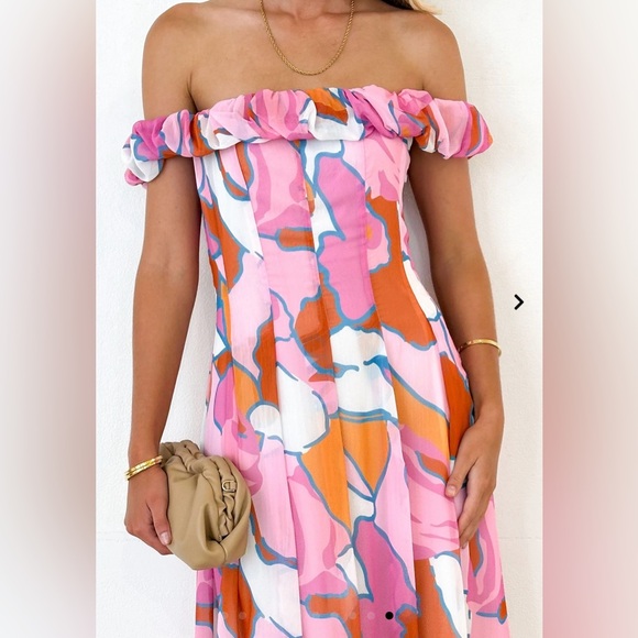 Vivva Off Shoulder Midi Dress, Candy Abstract, Gingham and Heels, Size 10, NWT - Picture 3 of 11